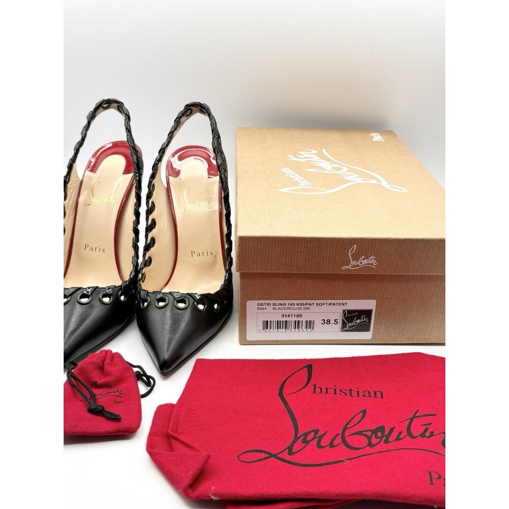 Christian Louboutin Black & Red Ostri Whipstitch Slingback Heels Size EU 38.5 - Picture 11 of 11